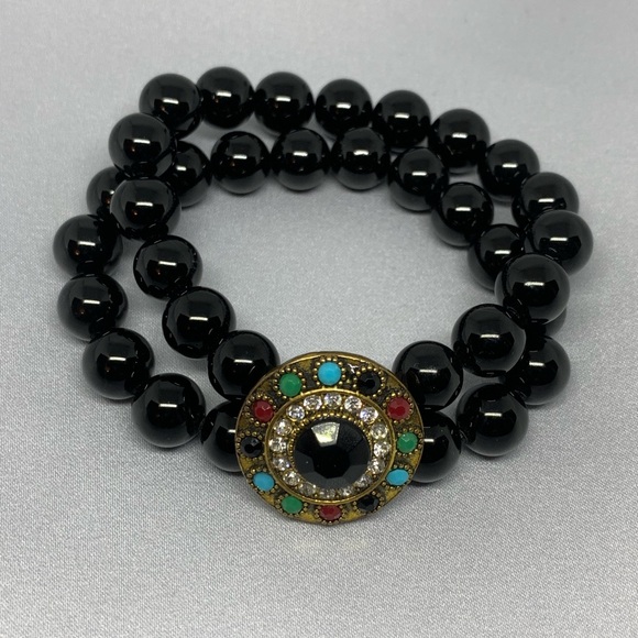 ✨Double Strand Black Bead Snap Button Bracelet - Picture 1 of 3